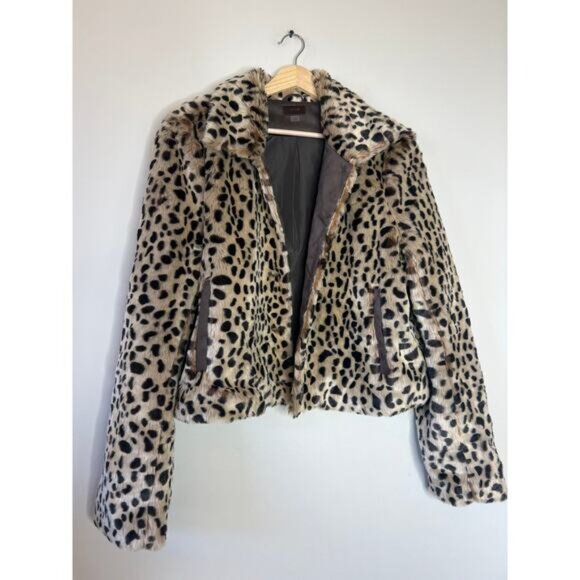 NEW MOTHER The Pony Keg Cheetah Print Button Front Faux-Fur Jacket Brown Sz: M - Picture 2 of 8